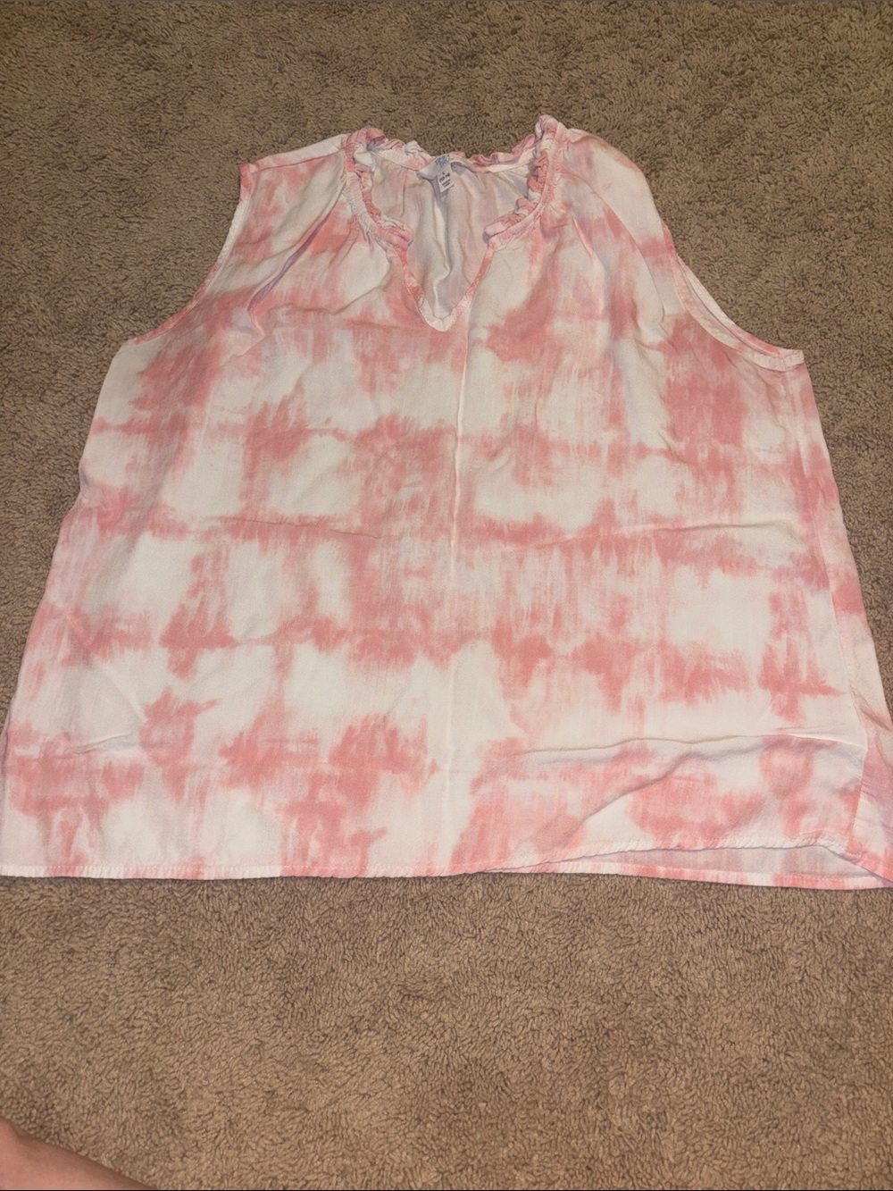 Time and Tru Pink Tie-Dye Ruffle V-Neck Sleeveless Top